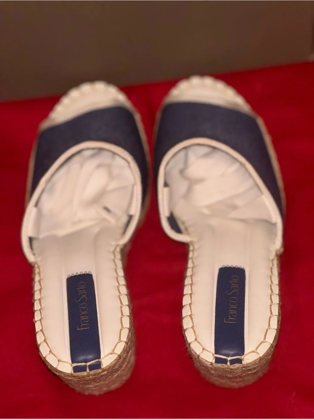 Franco Sarto Navy Canvas Sierra Espadrille Wedge with Cream Ankle Ties NIB 9.5M